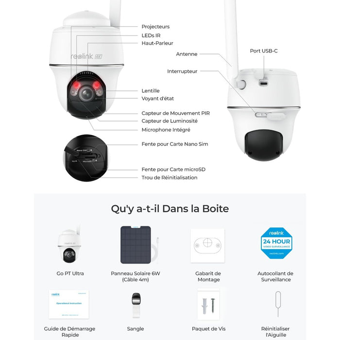Reolink Go PT Ultra - Caméra solaire 4G autonome 8MP 360° - Détection intelligente