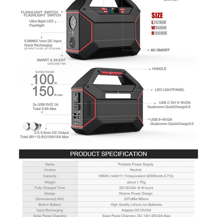Générateur solaire portable 155Wh